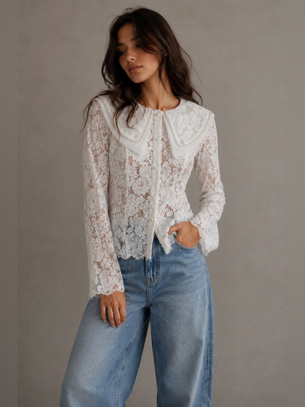 CHOUCHOU Coquette White Lace Pearl Collar Blouse Sheer Romantic Balletcore -M